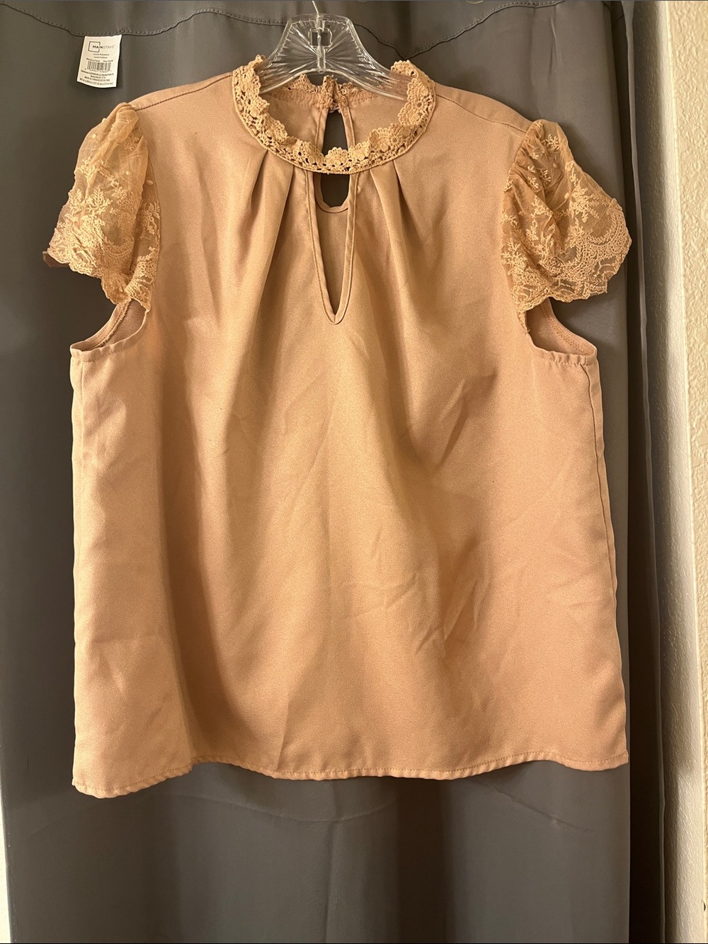 SHEIN Blush Lace-Sleeve Keyhole Top